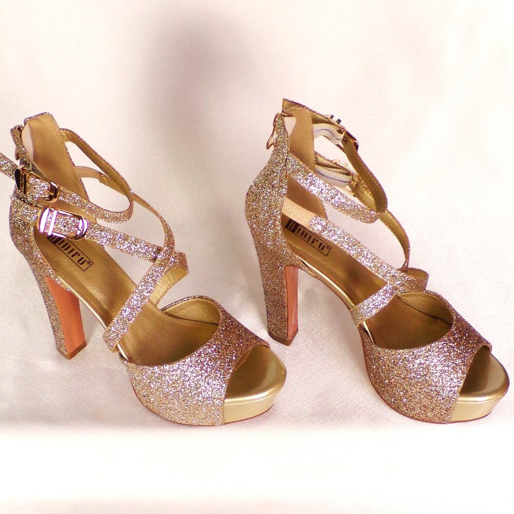 IDIFU Rose Gold Glitter Platform High Heel Sandals - Picture 3 of 15